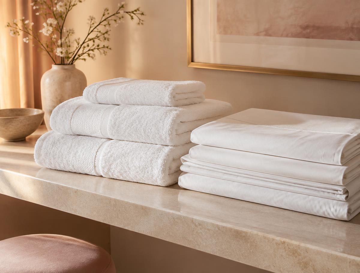 Freshly folded white hotel towels and bed linen