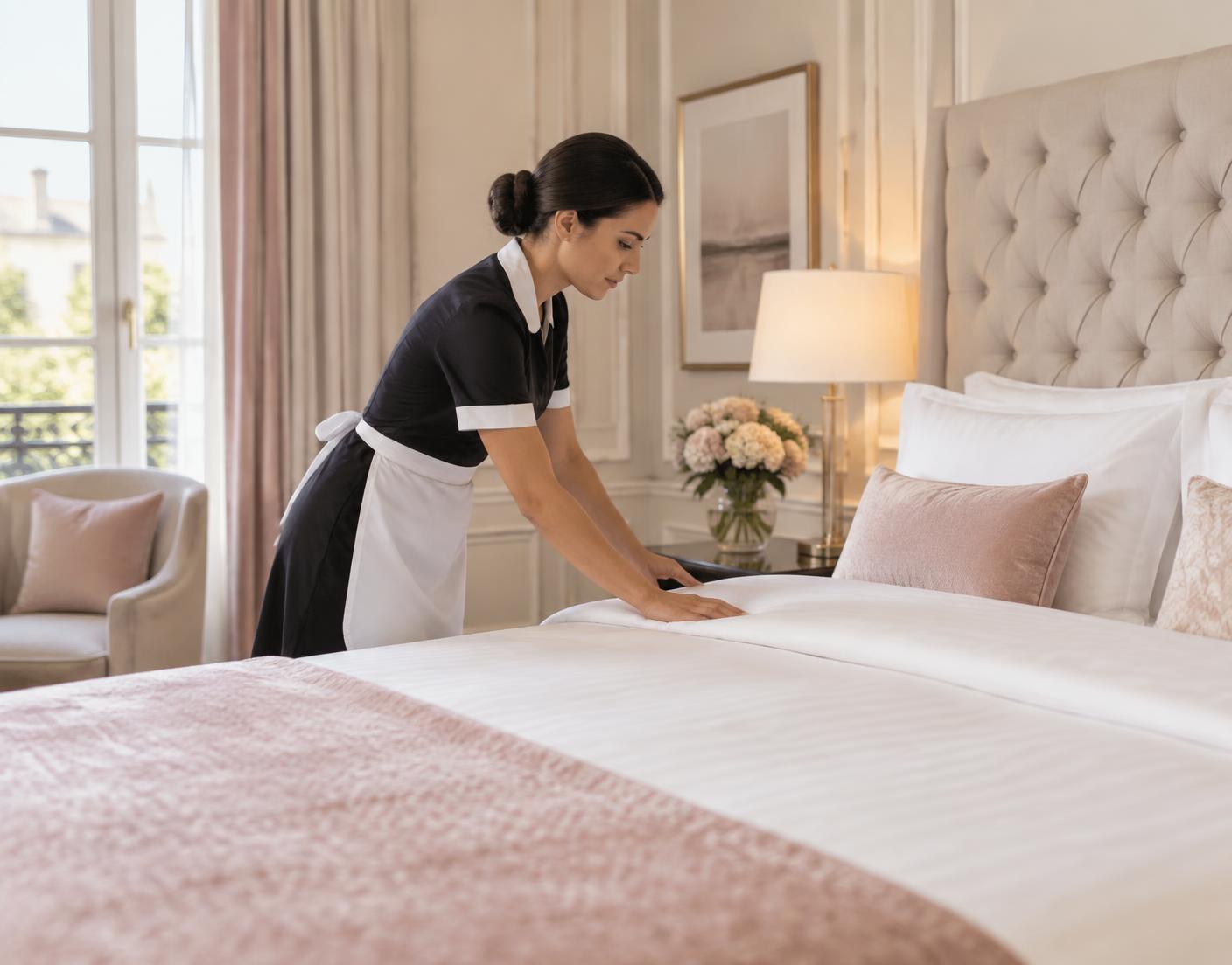 A housekeeper carefully preparing an elegant hotel room