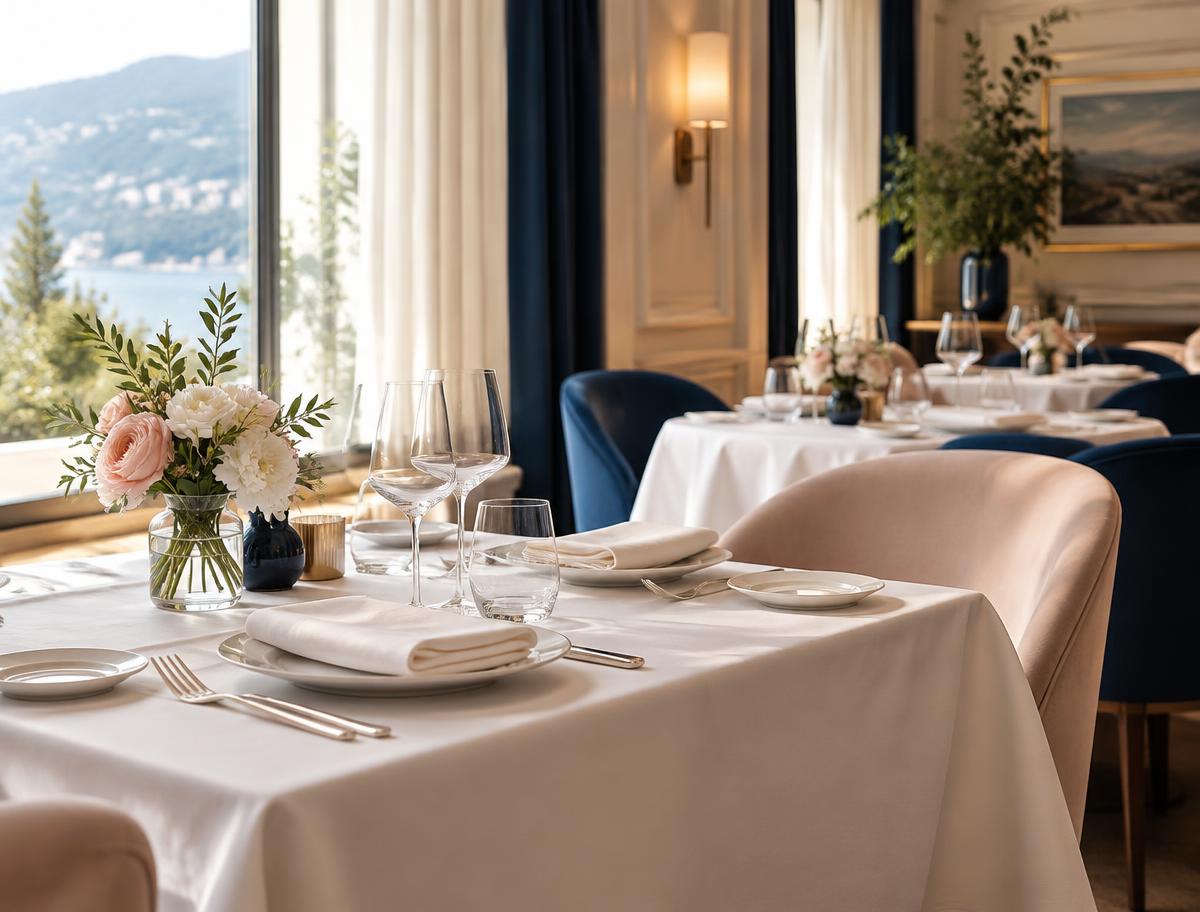 Restaurant table dressed with white linen